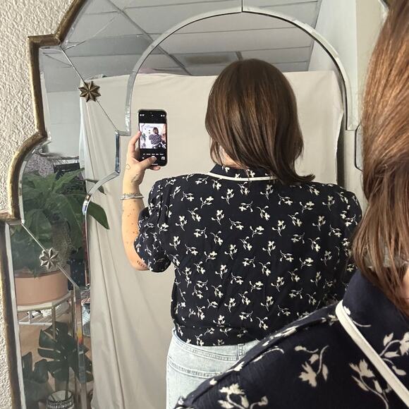 Vintage Navy Floral Cropped Short Sleeve Top Size 12 - Picture 4 of 6